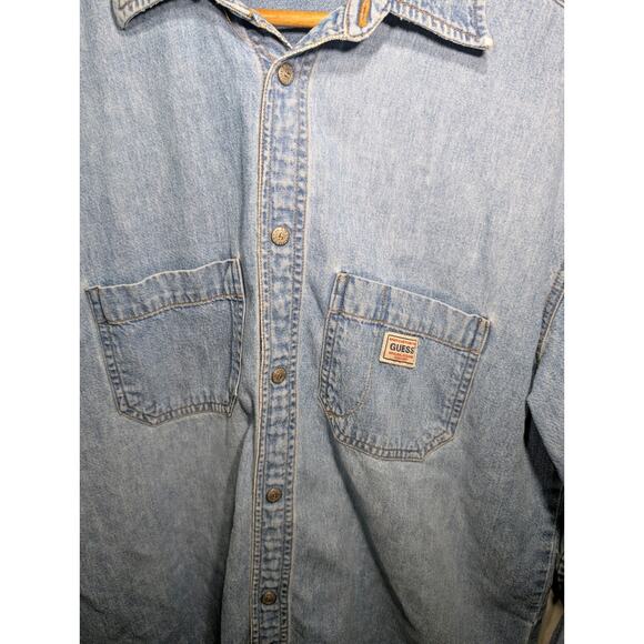 Vintage Guess Jeans Mens Blue Denim Snap Button Shirt Sz S 163F8 Western Flaw - Picture 3 of 9